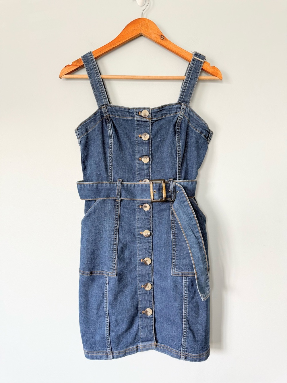 H&M Denim Button Front Belted Pinafore Dress Size Small Blue Cotton Blend